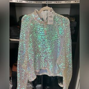 Zara Iridescent Sequin Blouse - White and Green